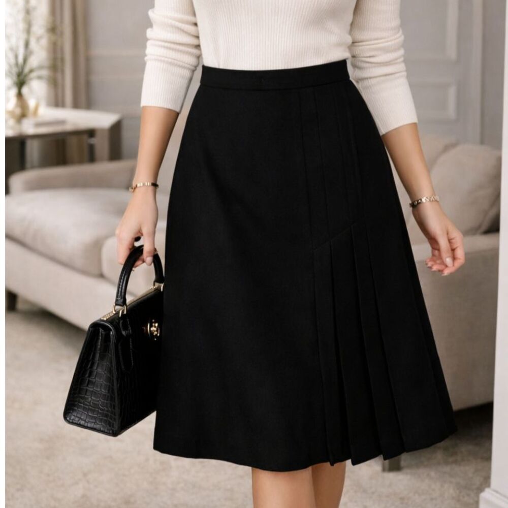 Vintage Junior Accent Black Wool Blend Workwear Skirt S Pleated Side Detail